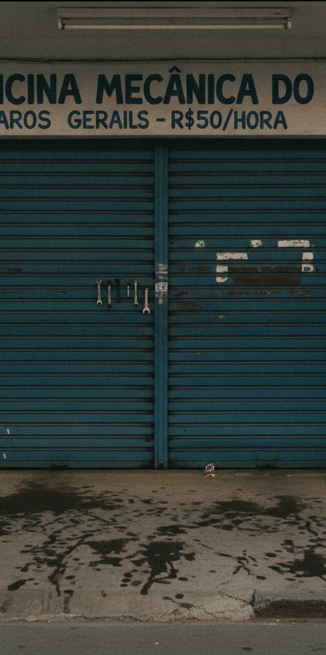 Fachada de uma oficina mecânica de bairro, com preços pintados à mão