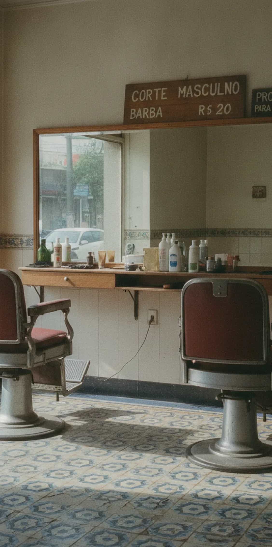 Interior de uma barbearia de bairro fechada, com ladrilho hidráulico