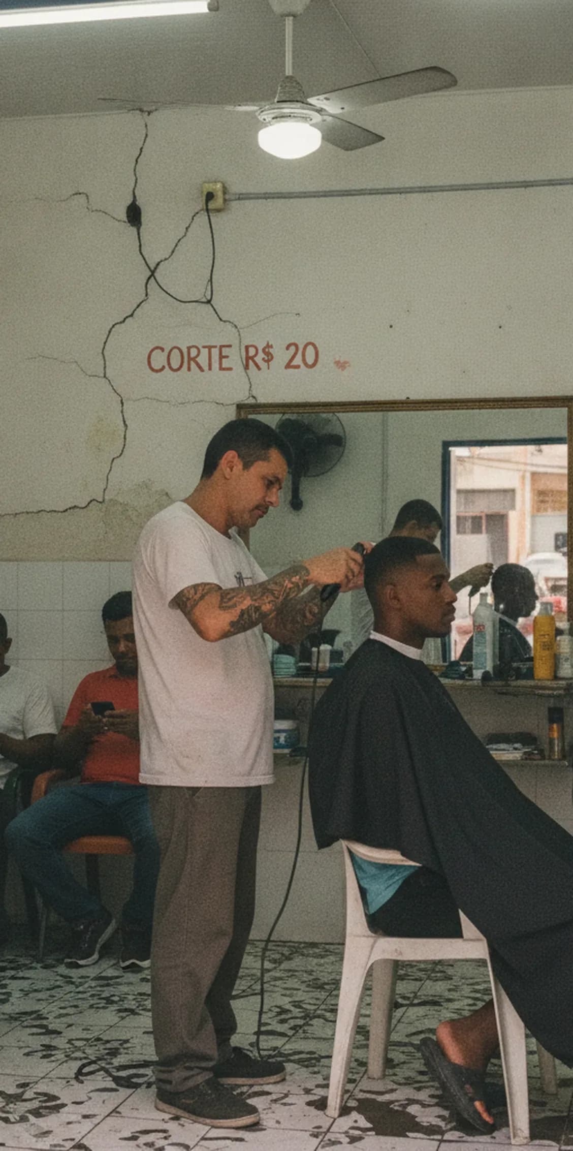 Barbeiro finalizando o corte de um cliente numa barbearia de bairro