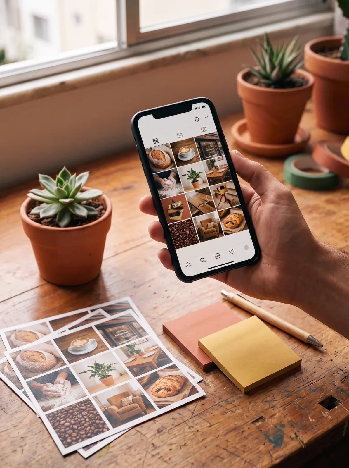 Mão segurando um celular com a grade de posts de um negócio local, e as fotos impressas na bancada