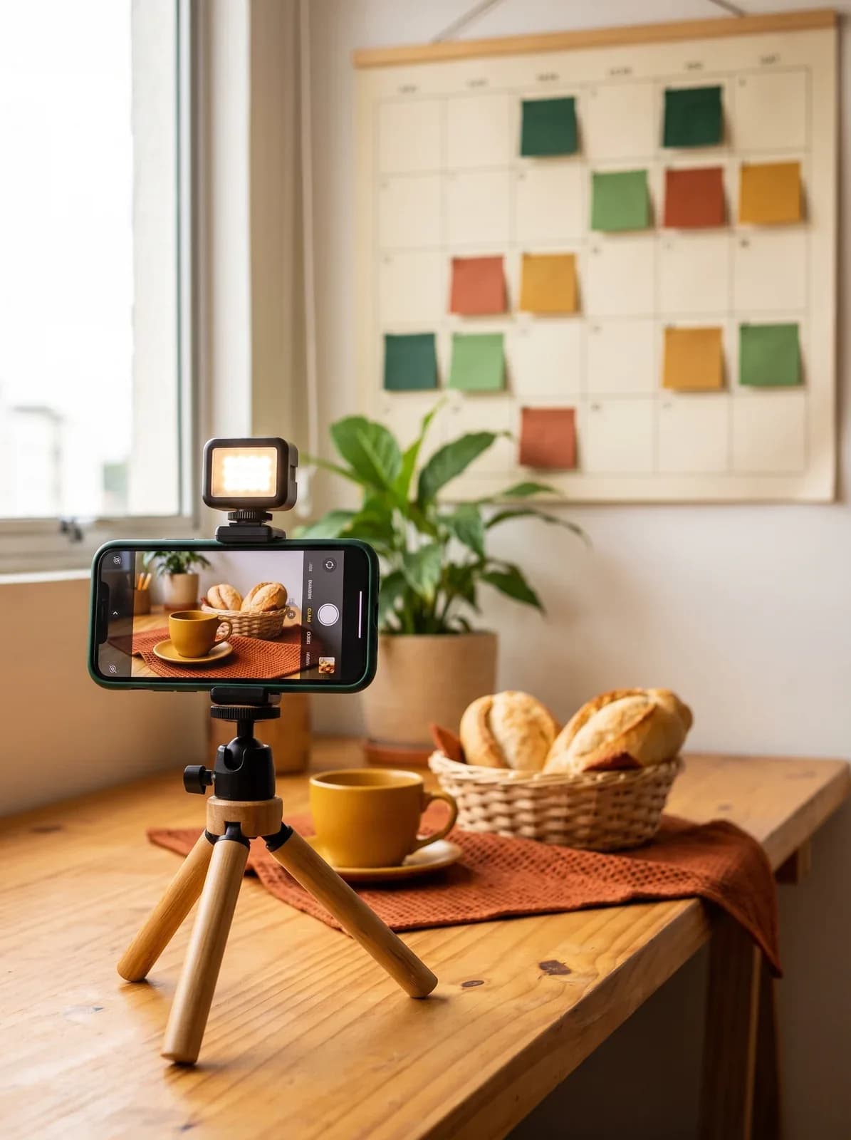 Celular num tripé fotografando pães e café, com um calendário de posts ao fundo