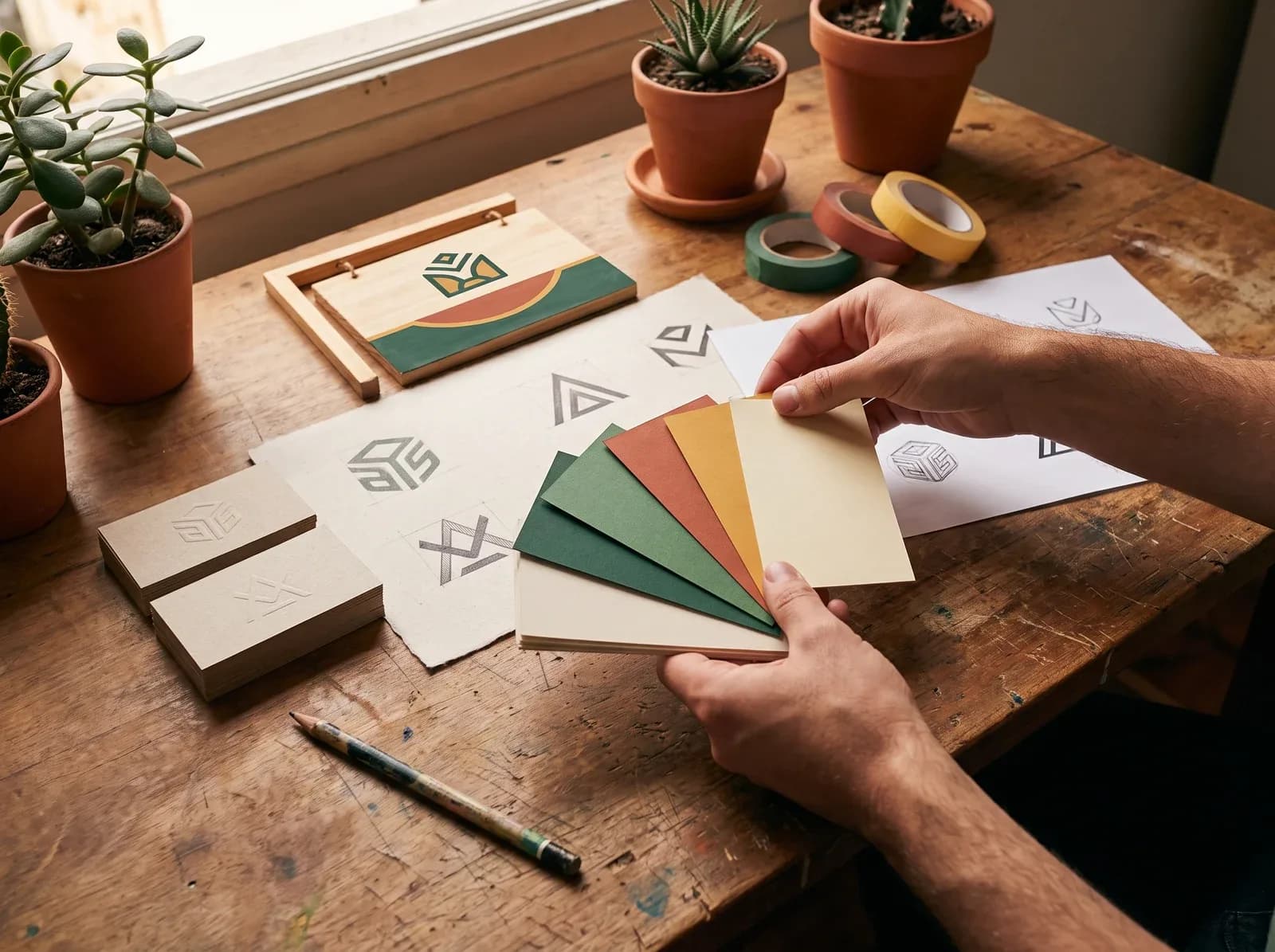 Leque de cores, esboços de símbolo e cartões de um projeto de identidade visual