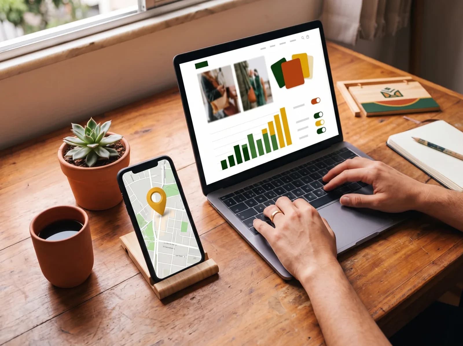 Notebook com o painel de uma campanha e celular com o mapa e o pin do negócio