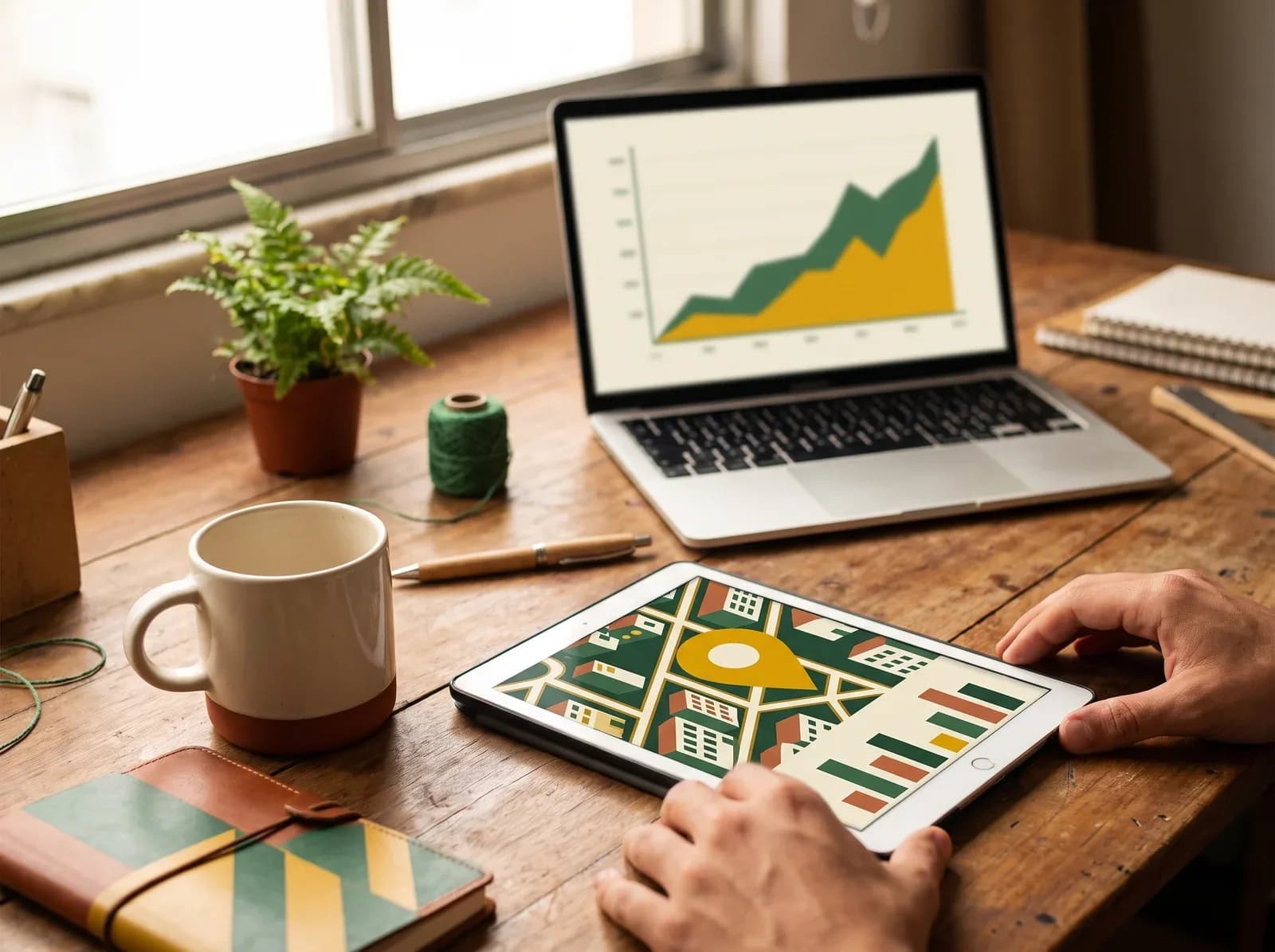 Tablet com o mapa e o pin de um negócio, e gráfico de resultados no notebook