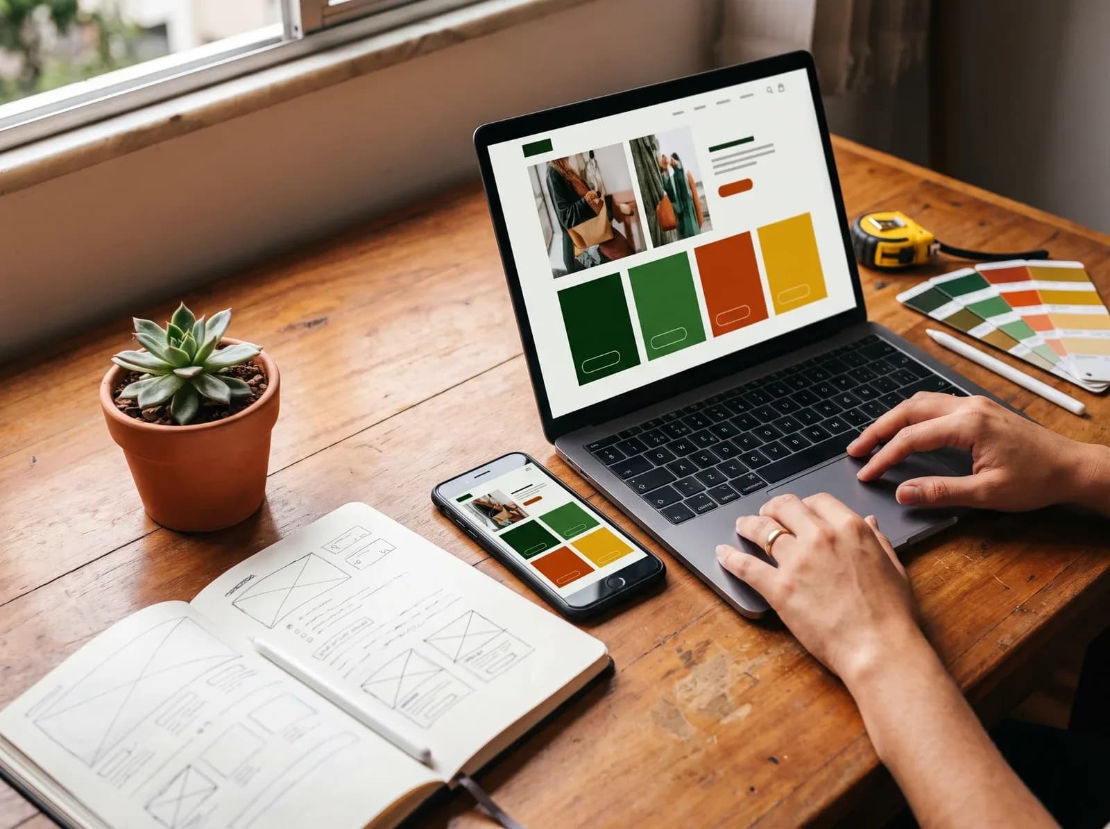 Notebook e celular com o layout de um site, ao lado de rascunhos das telas
